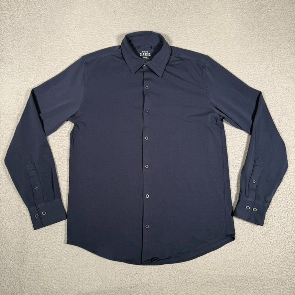 True Classic Shirt Mens Medium Nave Blue Cotton Blend‎ Button Up Stretch Preppy